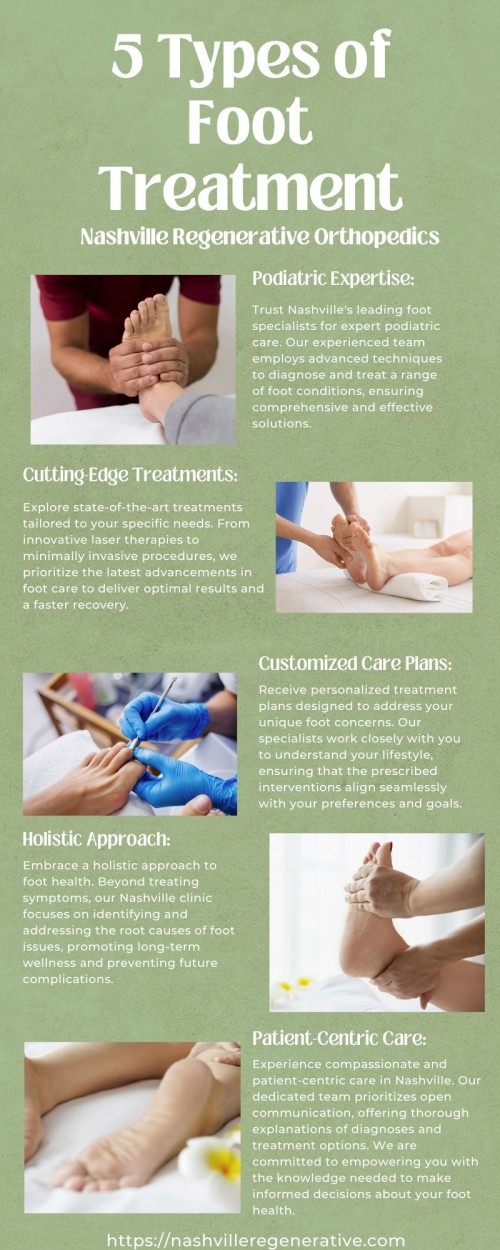 A foot treatment generally involves caring for and pampering your feet to maintain their health, hygiene, and overall well-being. For more info visit our website - https://nashvilleregenerative.com