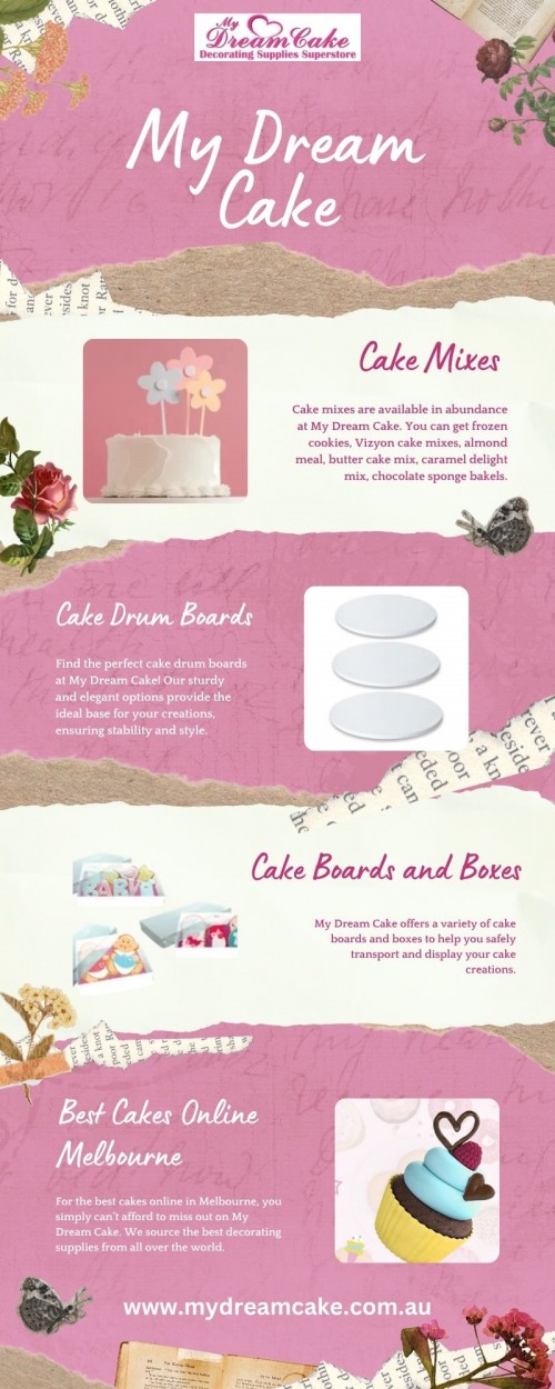 Cake mixes are available in abundance at My Dream Cake. You can get frozen cookies, Vizyon cake mixes, almond meal, butter cake mix, caramel delight mix, chocolate sponge bakels, cream muffin mix, custard mix, fruit cake mix, macaron mix, gluten free cake mixes, light fruit cake mix, pinnacle chocolate mud cake mix and a lot more to delve your baking creativity. Order yours now! Visit: https://mydreamcake.com.au/