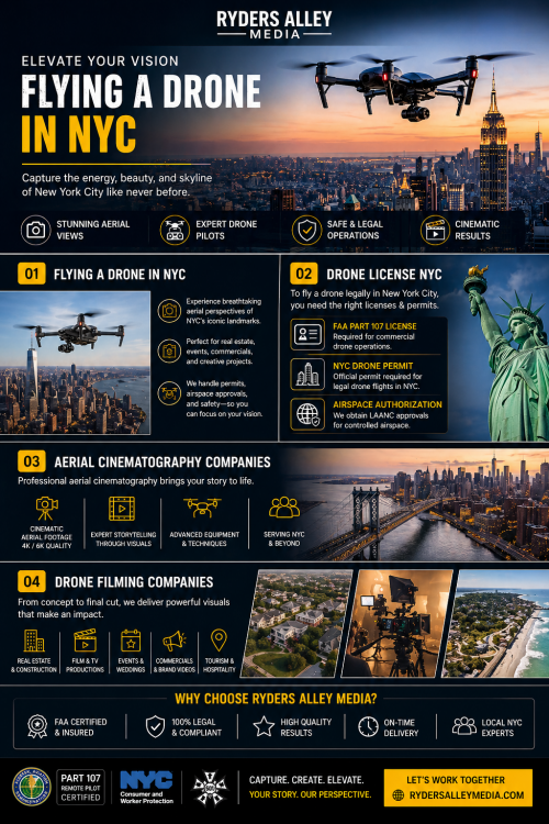 Anyone who has actually spent time flying a drone in NYC quickly realizes it has not just about knowing the controls. The real challenge is everything happening around you at the same time-people walking below, buildings blocking signals, and timing every move carefully. Wind does not behave normally here either; it shifts unpredictably between high-rise structures. Space is tight, and there’s rarely room for error. You usually don’t get a second attempt if something goes wrong. that is why most of the effort goes into planning before takeoff. In a city like New York, preparation is not optional-it’s what makes the flight possible.
Visit Website: https://rydersalleymedia.com/new-york