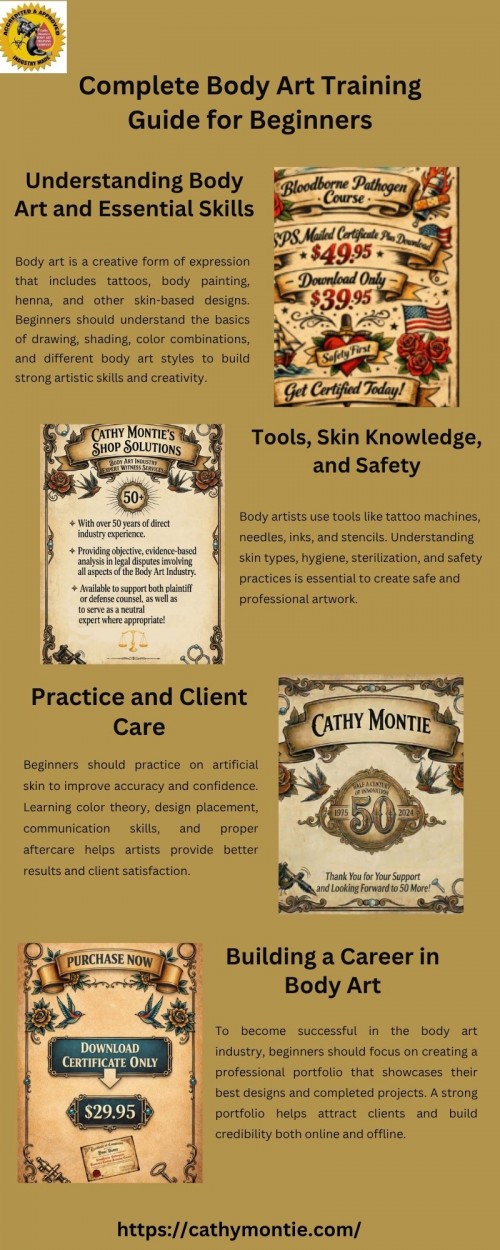 A beginner friendly guide that kind of walks you through the basics of body art, with tools and hygiene, plus some skin understanding too. It’s meant to be simple but not shallow, and it touches on easy little techniques, so new learners can grow safer habits while they build solid early skills in tattooing, body painting, or even henna art.
Visit us: https://cathymontie.com/