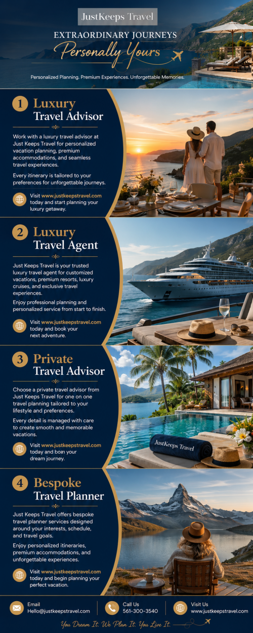 Experience exceptional journeys with JustKeeps Travel, your trusted Luxury Travel Advisor. We design personalized luxury vacations, executive travel, group trips, and exclusive concierge services tailored to your lifestyle. With insider access, global partnerships, and meticulous planning, we create seamless, unforgettable travel experiences from your first consultation to your safe return home.

Visit Website: https://justkeepstravel.com/