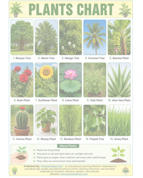 The Plants Chart helps children learn the names of common plants through colorful pictures. Plants are living things that grow around us and provide oxygen, food, medicine, wood, and shelter. They are essential for life on Earth.

Visit: https://padlet.com/nancysharma80874/pictures-chart-yh0kta6pn7hfjydv/wish/pRxDZ4M7dA6VW183