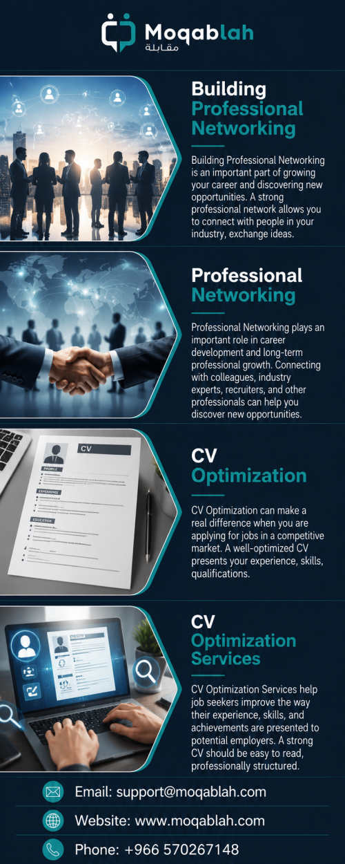 Building Professional Networking is an important part of growing your career and discovering new opportunities. A strong professional network allows you to connect with people in your industry, exchange ideas, learn from experienced professionals, and stay informed about career opportunities. Effective networking is not only about collecting contacts; it is about creating genuine professional relationships based on communication, trust, and mutual value. Whether you are a recent graduate, an experienced professional, or looking for a career change, building professional networking connections can help you expand your reach and confidence. Moqablah supports professionals with career-focused services designed to help them present themselves effectively and move toward better career opportunities.
Visit at : https://moqablah.com/building-professional-networking